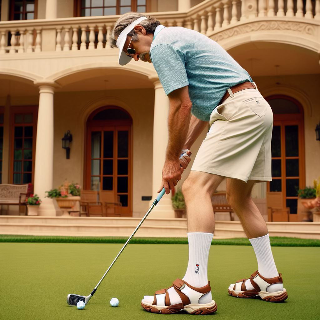 Alman Zahnarzt spielt Golf mit Socken in Sandalen
